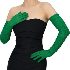 Women's Green Sexy Tulle Sheer Mesh Long Satin Gloves Opera Party Prom Costume